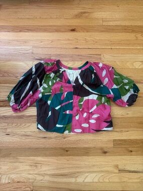 Velvet Multicolor Abstract Print Puff Sleeve Blouse - Pink, Green, Teal, Black
